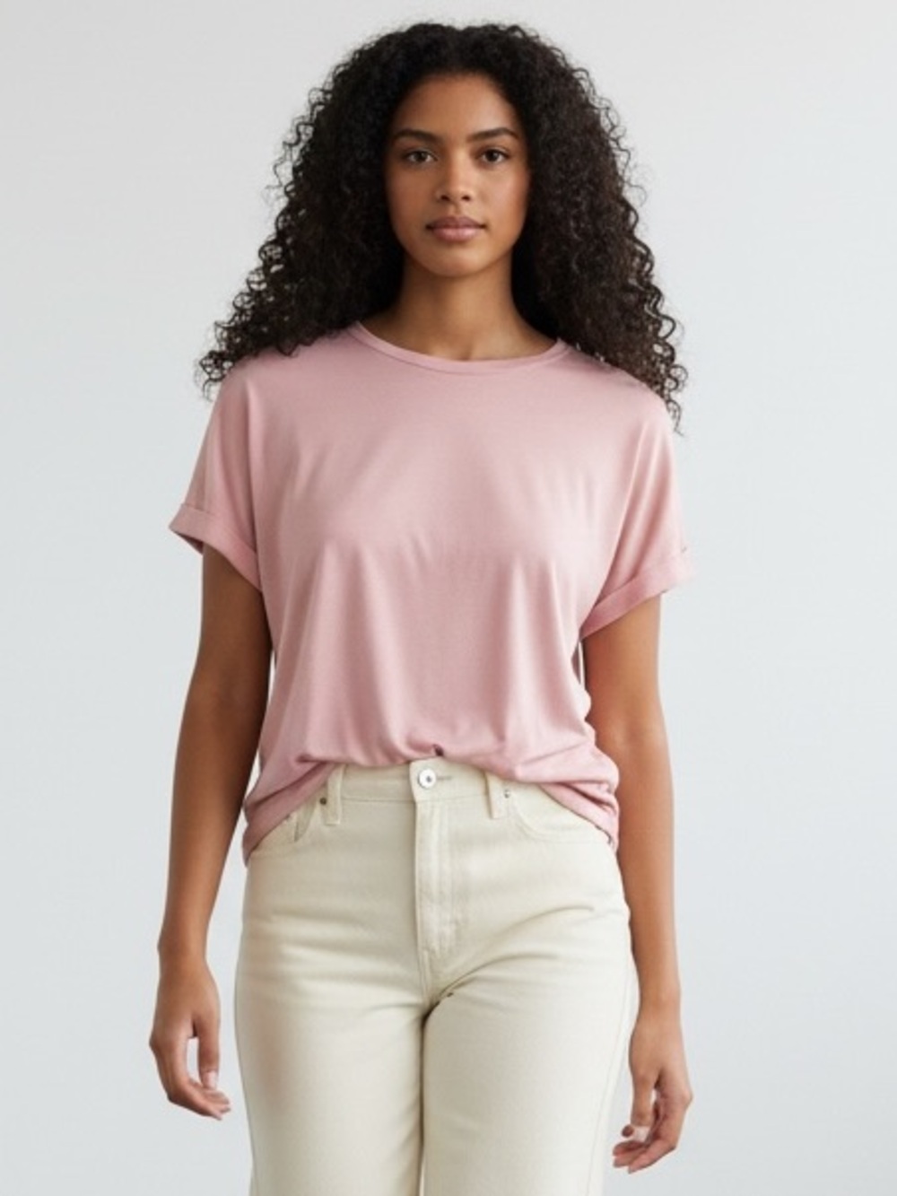 1425 • Soft Rose Modal Blend Cuffed Sleeve Oversized Round Neck Tee